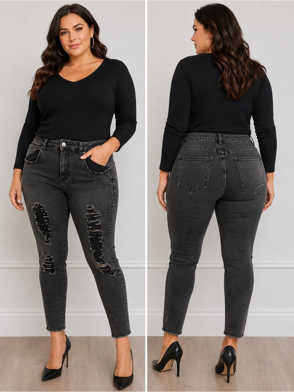 SHEIN Black Distressed Skinny Jeans Size 0XL